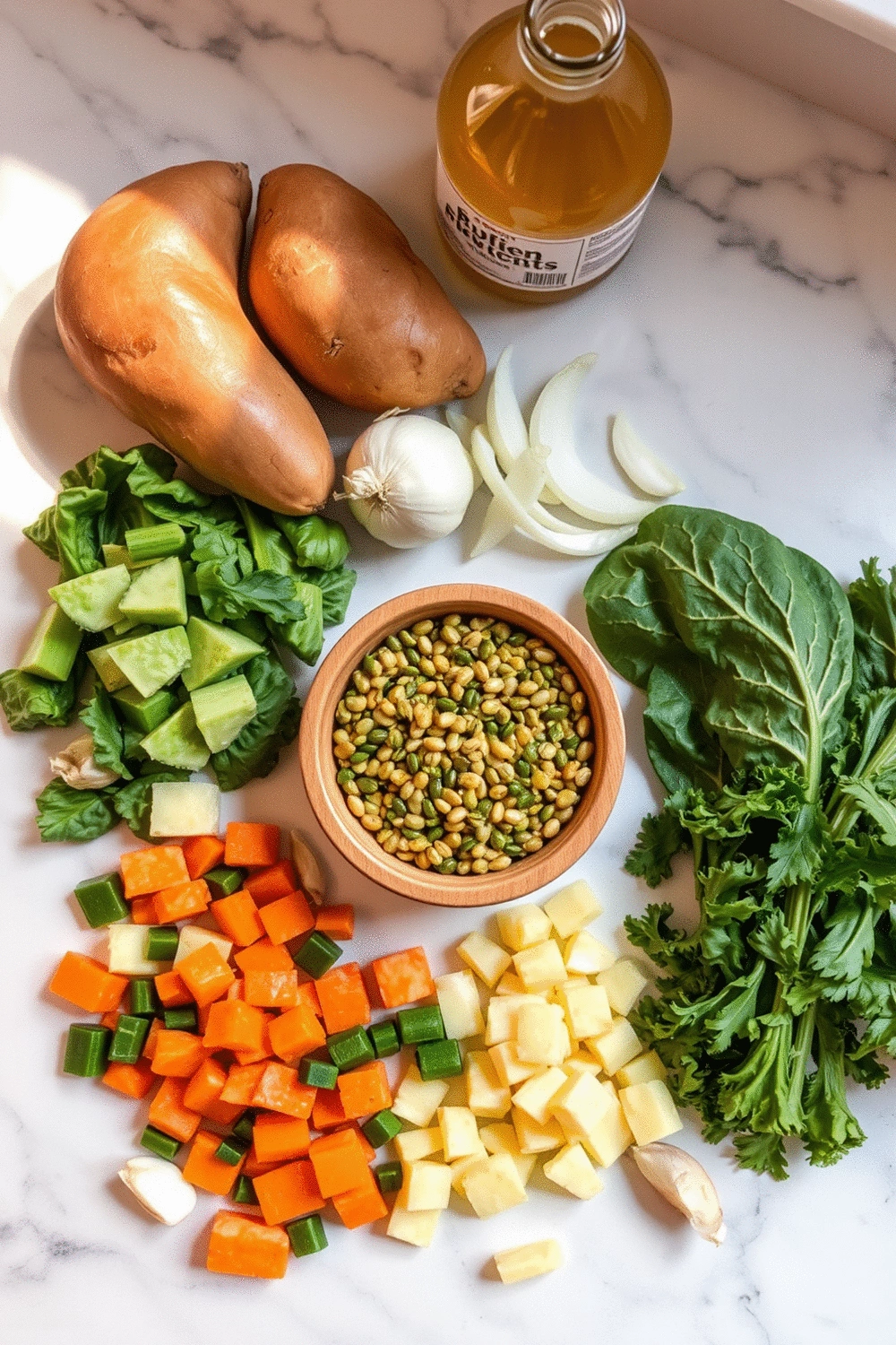 Arrangement of fresh soup ingredients: lentils, kale, sweet potatoes, broth, aromatics