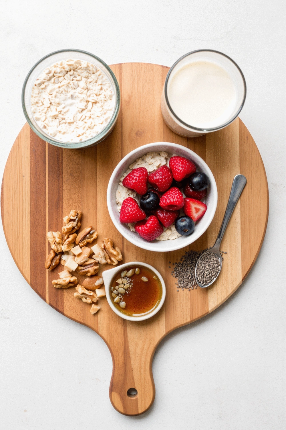 Arrangement of overnight oats ingredients: rolled oats, milk, fruit, nuts, chia seeds, and maple syrup on a rustic wooden board.