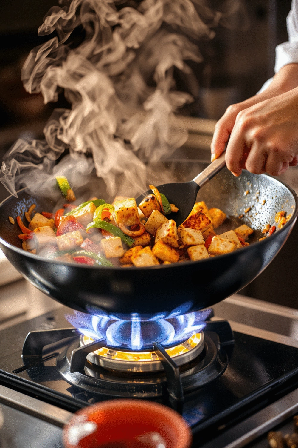 A chef's hands stir-frying colorful vegetables and tofu in a large wok over high heat, steam rising, with a motion blur effect to emphasize cooking, warm kitchen lighting, professional and dynamic shot.