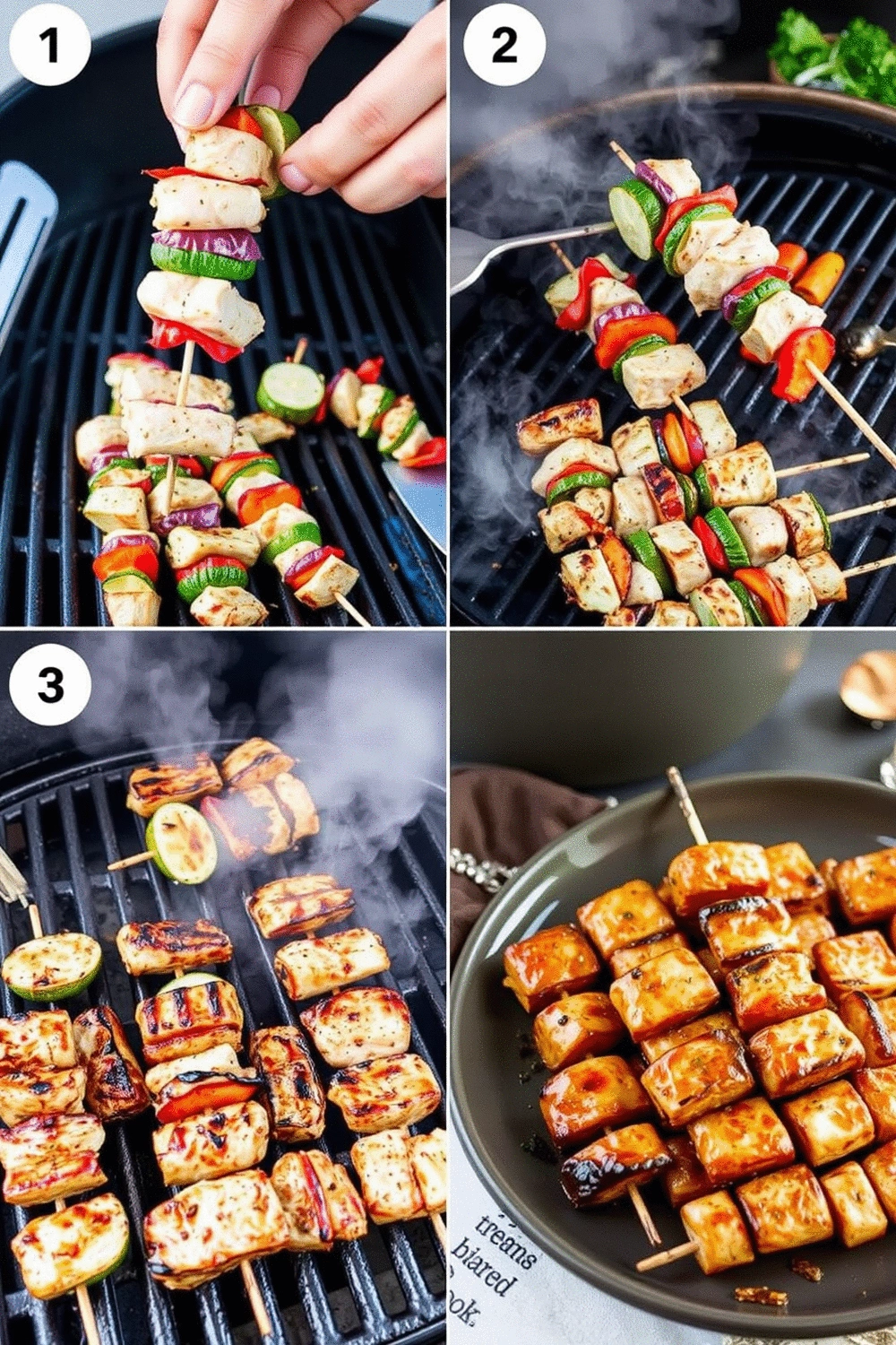 Collage of four sequential panels showing the cooking process of turkey and veggie skewers: 1) skewering raw ingredients, 2) grilling skewers on a hot grill, 3) skewers with light char marks and steam, 4) finished skewers resting on a plate. Consistent bright lighting, professional food photography style.