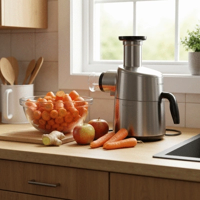 Healthy carrot juice preparation scene