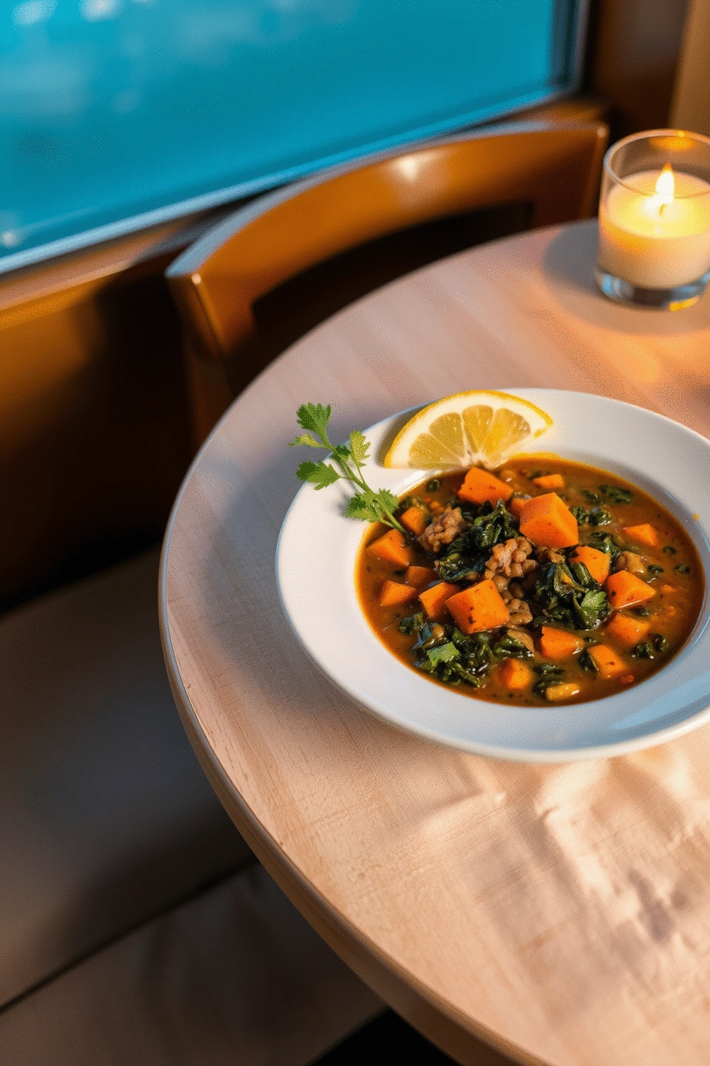 Plated lentil soup with kale and sweet potatoes, garnished with fresh herbs on a wooden table