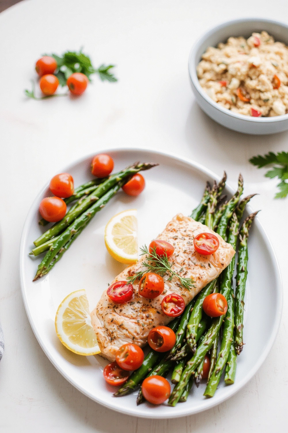 Final plated dish of sheet pan salmon with asparagus and cherry tomatoes, garnished with fresh herbs and a lemon wedge, on a modern white plate set on a light wooden table with a side of quinoa, bright and inviting atmosphere, professional food photography.
