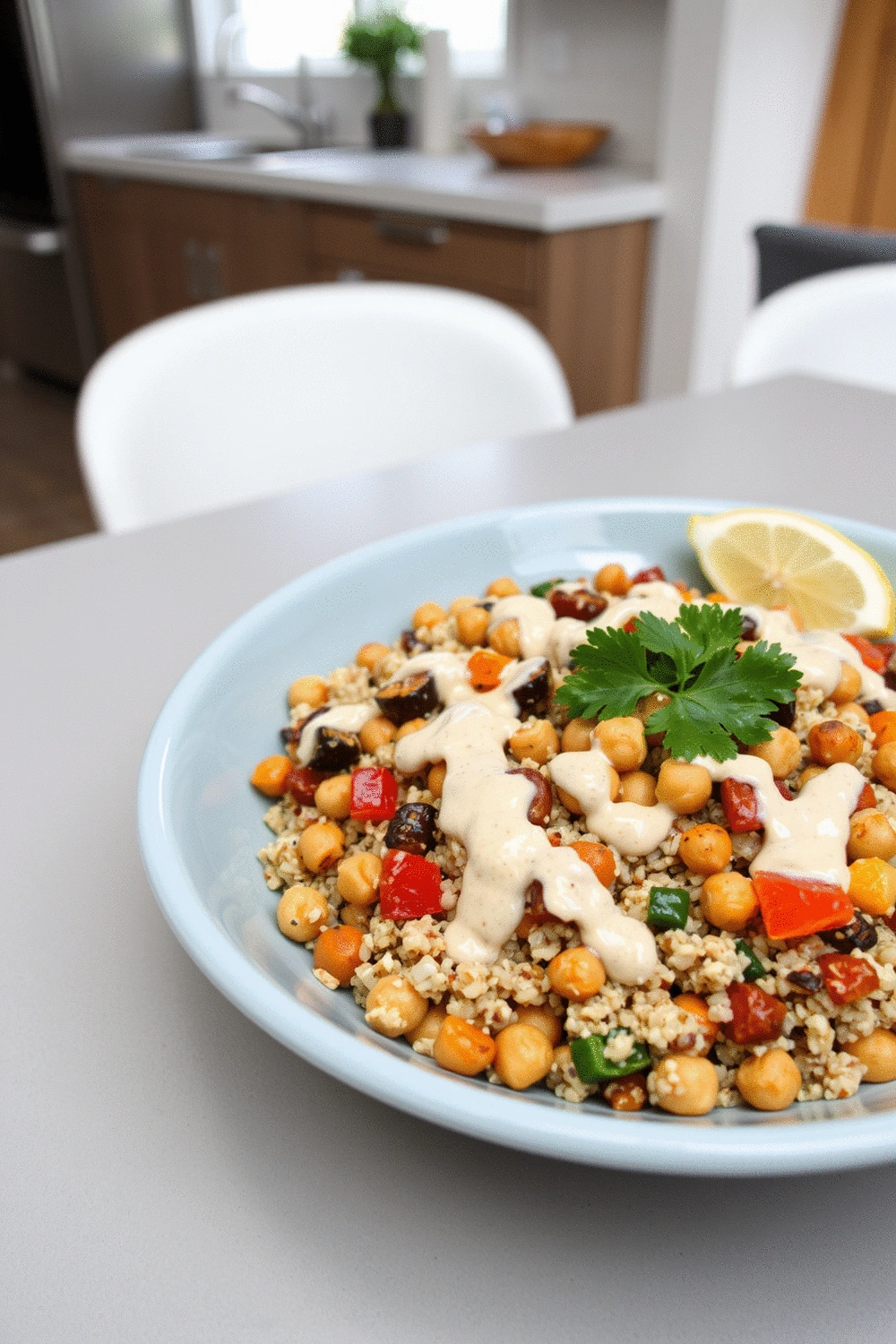 Beautifully plated Mediterranean Quinoa Bowl, ready to serve, with fresh lemon wedges and herbs, on a light blue ceramic plate.