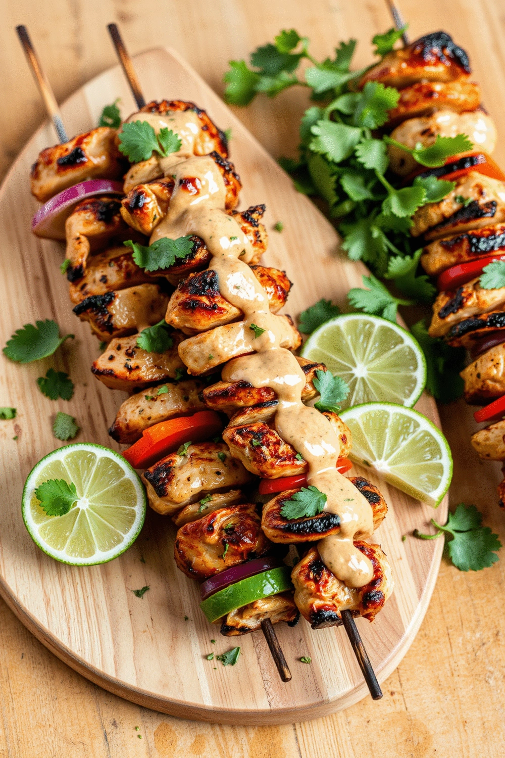 Plated Turkey and Veggie Skewers with Peanut Sauce, garnished with fresh cilantro and lime wedges, on a light wooden board. The skewers are perfectly grilled with visible char marks. Natural, warm lighting highlights the vibrant colors. 45-degree angle food photography.