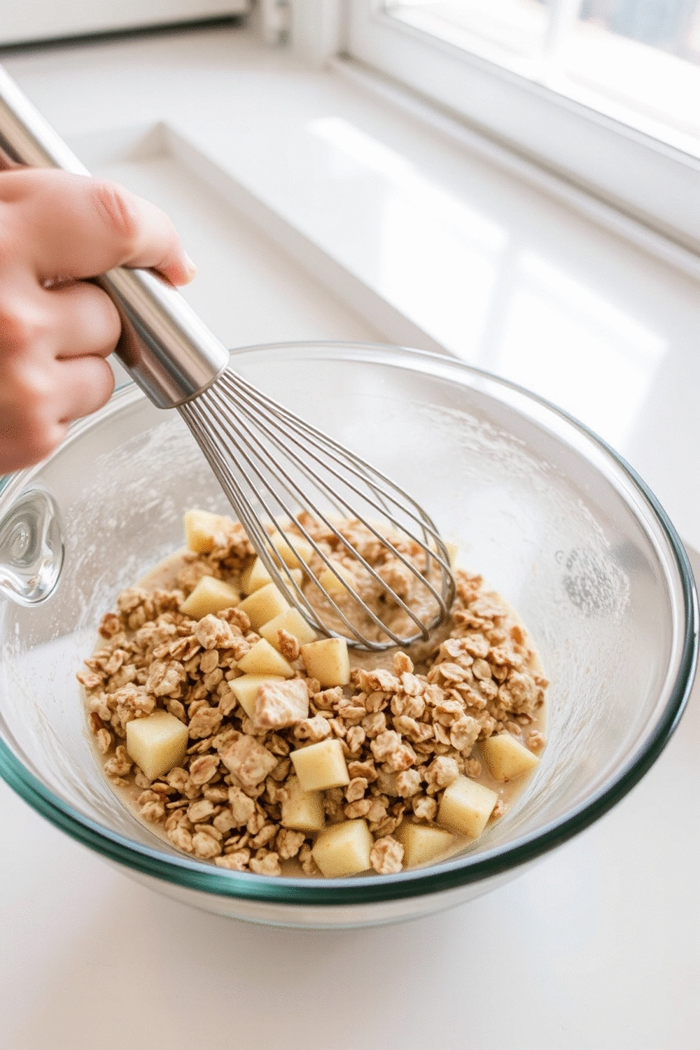 Hands mixing oatmeal cup batter in a bowl with a whisk, showing the apple and oat mixture, clean kitchen counter, bright natural light.
