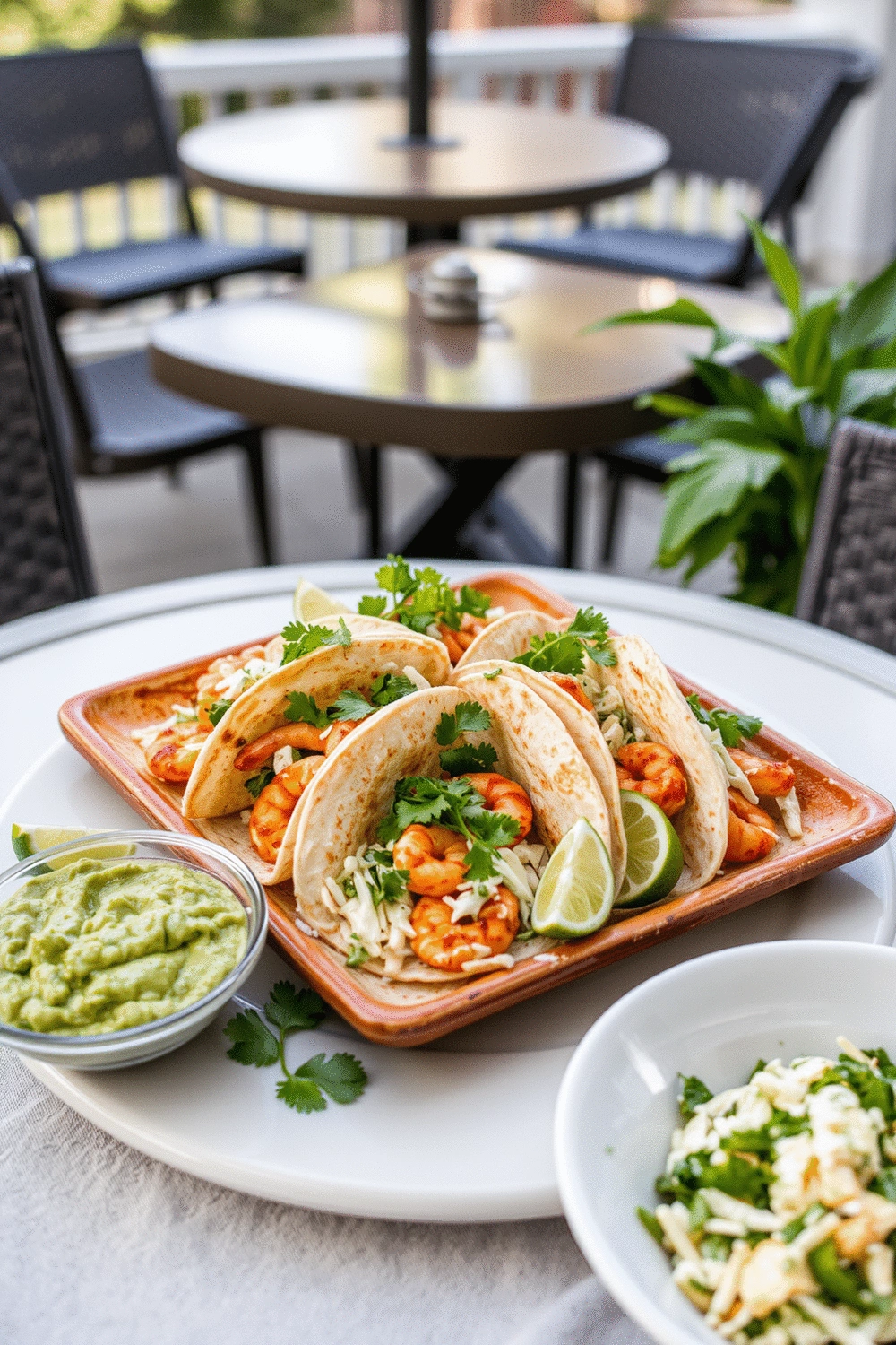 Spicy Shrimp Tacos with Cilantro-Lime Slaw, beautifully arranged on a platter ready for serving, alongside a bowl of guacamole and lime wedges on a brightly lit outdoor table setting.