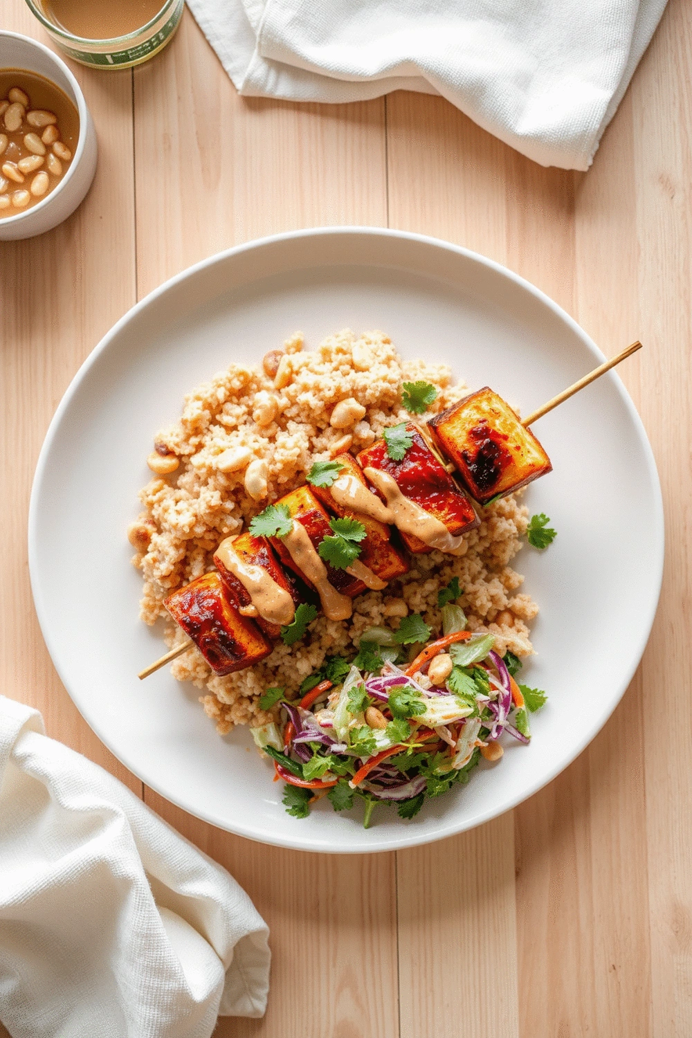 Final plated Turkey and Veggie Skewers served over brown rice with a side of Asian-inspired slaw, garnished with fresh cilantro and chopped peanuts. The dish is presented on a modern white plate on a light wooden table setting. Overhead shot, bright and inviting.