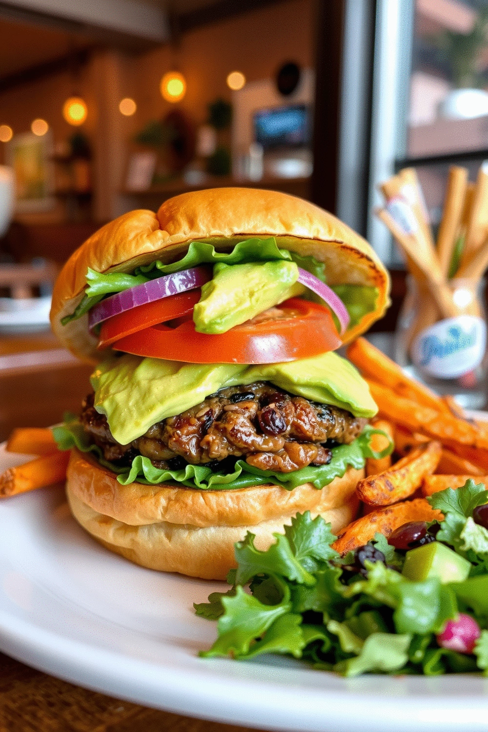 Sweet Potato and Black Bean Burgers served with a side salad and sweet potato fries