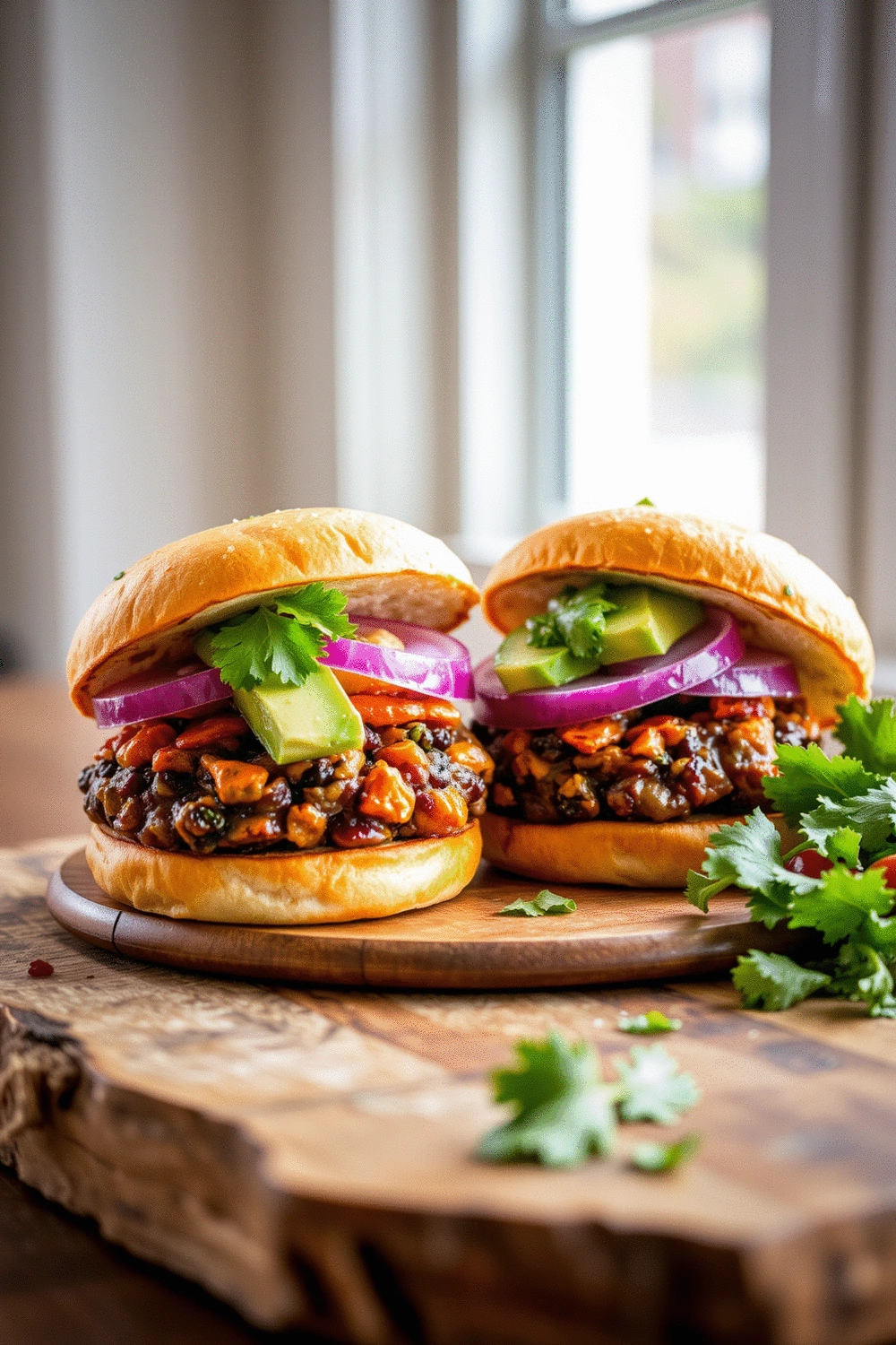 Sweet Potato and Black Bean Burgers plated with fresh toppings