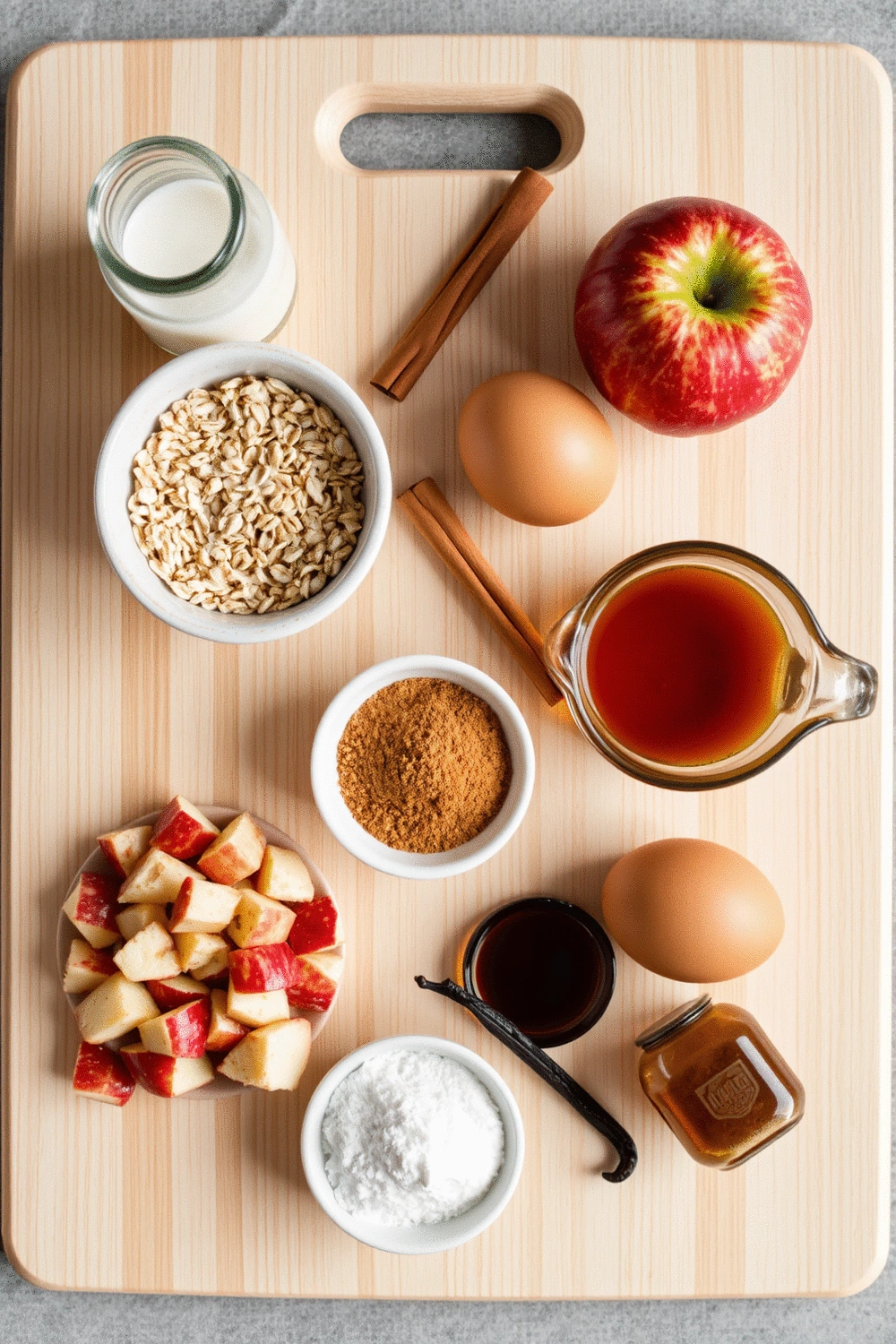 Ingredients for baked apple cinnamon oatmeal cups artfully arranged on a rustic wooden board: rolled oats, diced apples, cinnamon stick, maple syrup, milk, eggs, baking powder, vanilla extract, and salt. Flat lay, natural light.