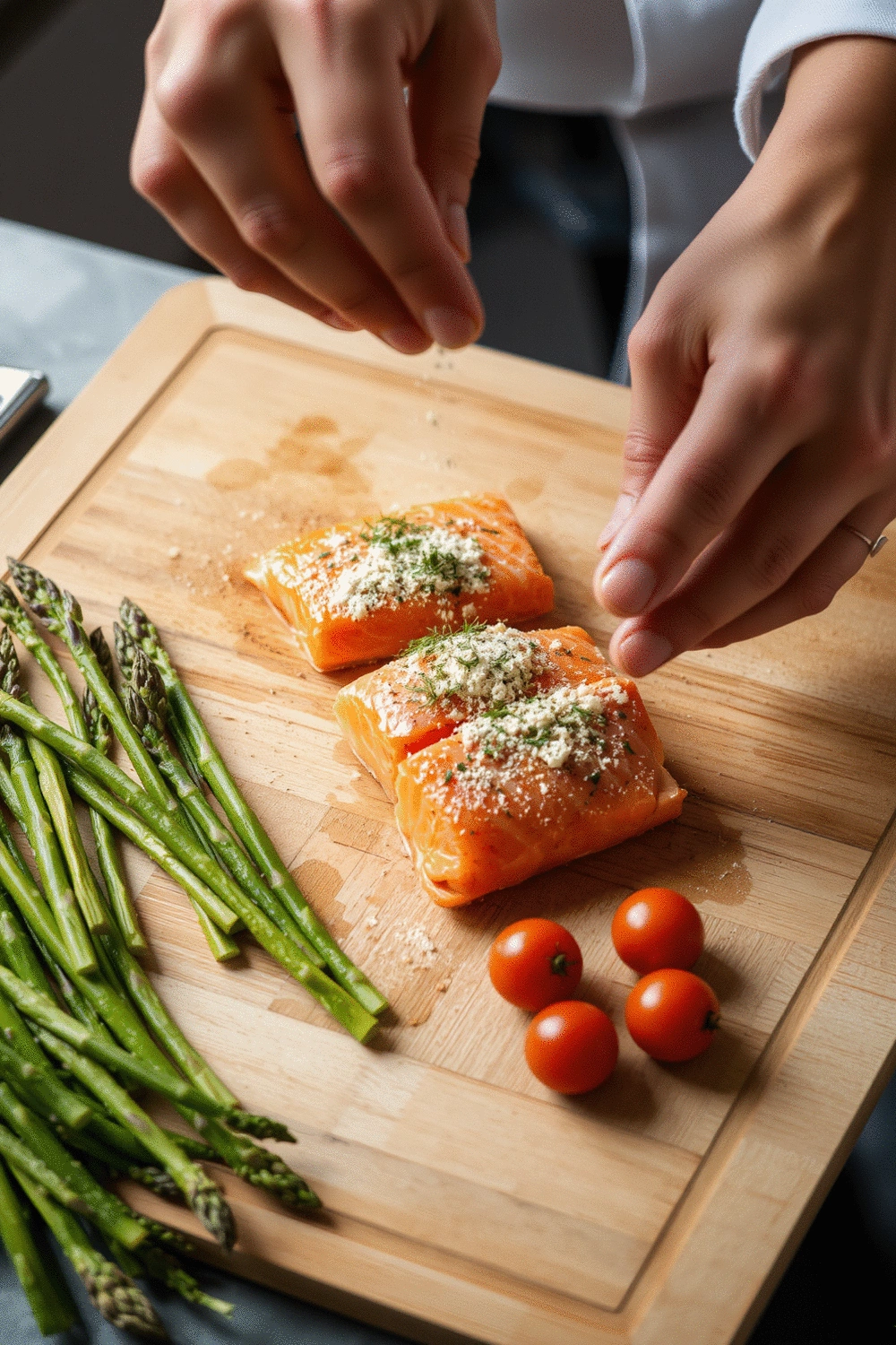 Close-up of a chef's hands seasoning salmon fillets with dried dill and garlic powder on a cutting board, alongside fresh asparagus and cherry tomatoes, warm kitchen lighting, overhead shot, preparing for roasting.