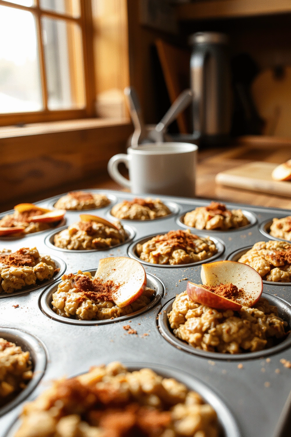 Hero shot of baked apple cinnamon oatmeal cups in a muffin tin, garnished with fresh apple slices and a sprinkle of cinnamon, warm natural light, 45-degree angle, cozy kitchen background, professional food photography style.