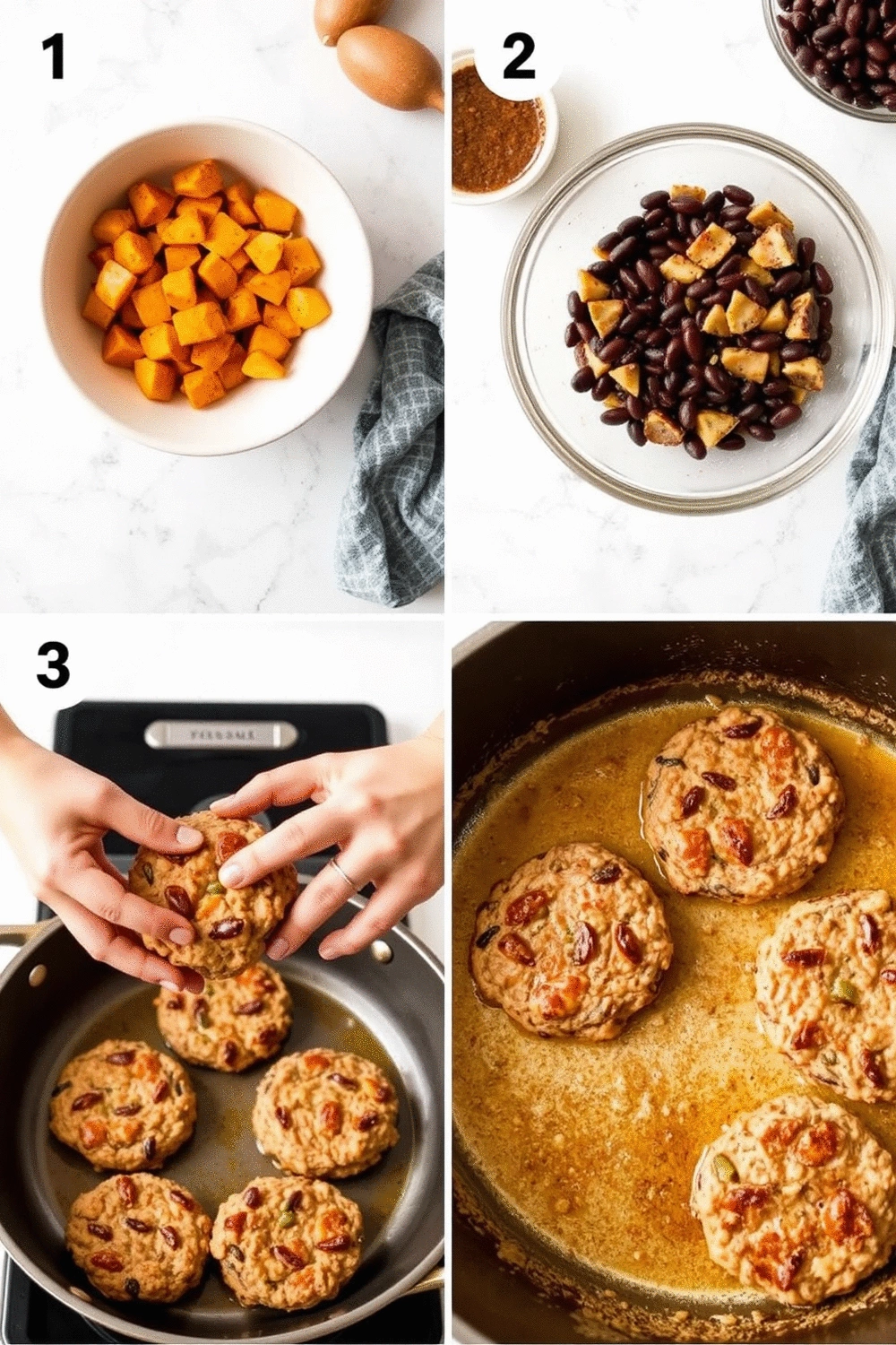 Collage of sweet potato and black bean burger preparation steps