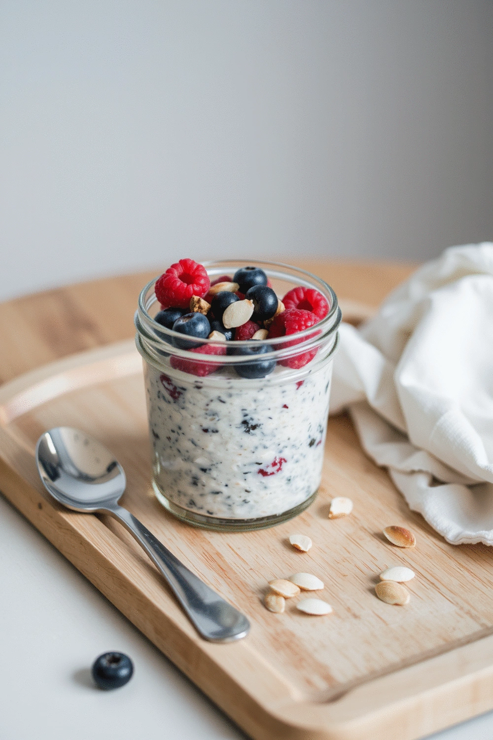 Beautifully presented overnight oats in a glass jar with fresh berries and nuts, ready to eat, on a clean breakfast table setting.