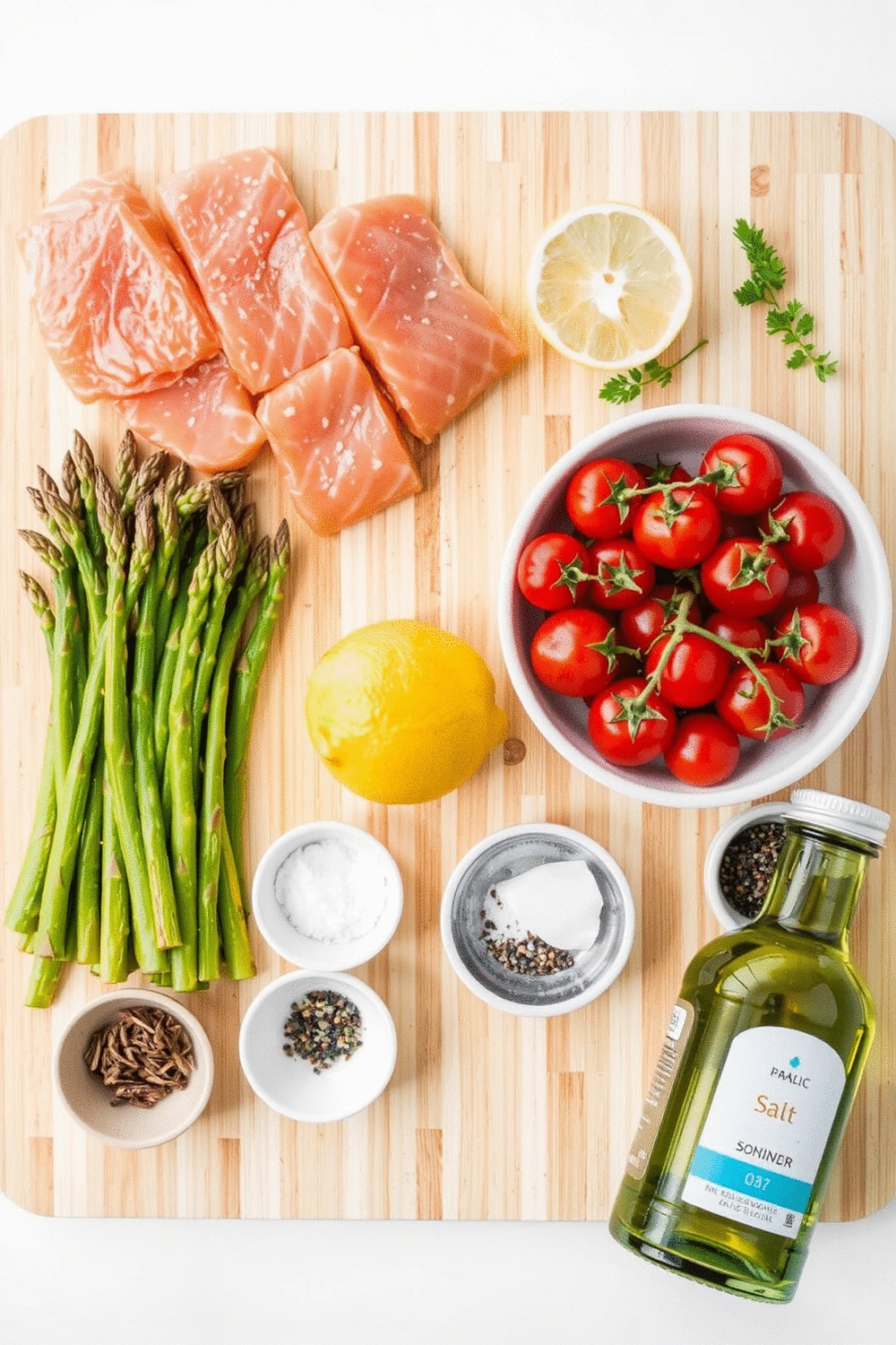 Flat lay of fresh ingredients for sheet pan salmon: four raw salmon fillets, a bunch of green asparagus, a pint of red cherry tomatoes, a lemon sliced, small bowls of garlic powder, dried dill, salt, pepper, and a bottle of olive oil, all arranged on a light wood cutting board, bright natural light.
