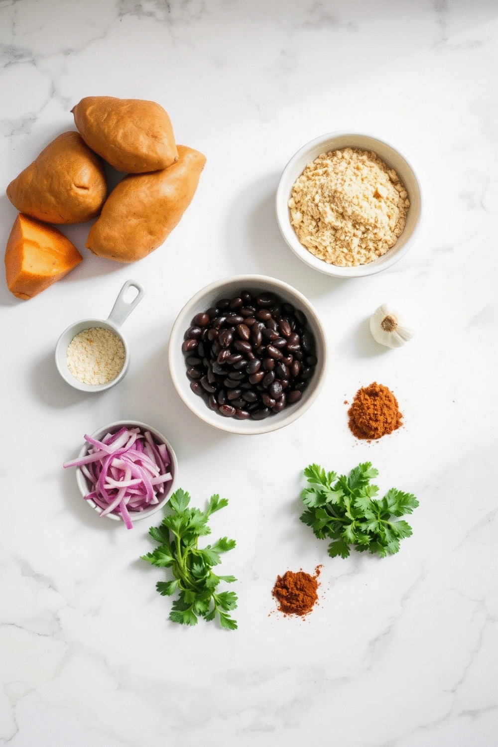 Ingredients for sweet potato and black bean burgers arranged on a kitchen counter