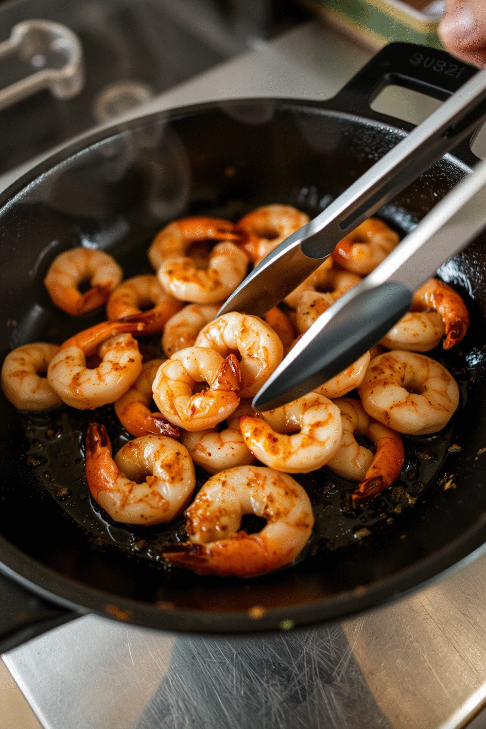 Close-up of shrimp being sautéed in a hot pan with spices, steam rising, a chef's hand gently tossing the shrimp, warm kitchen lighting.