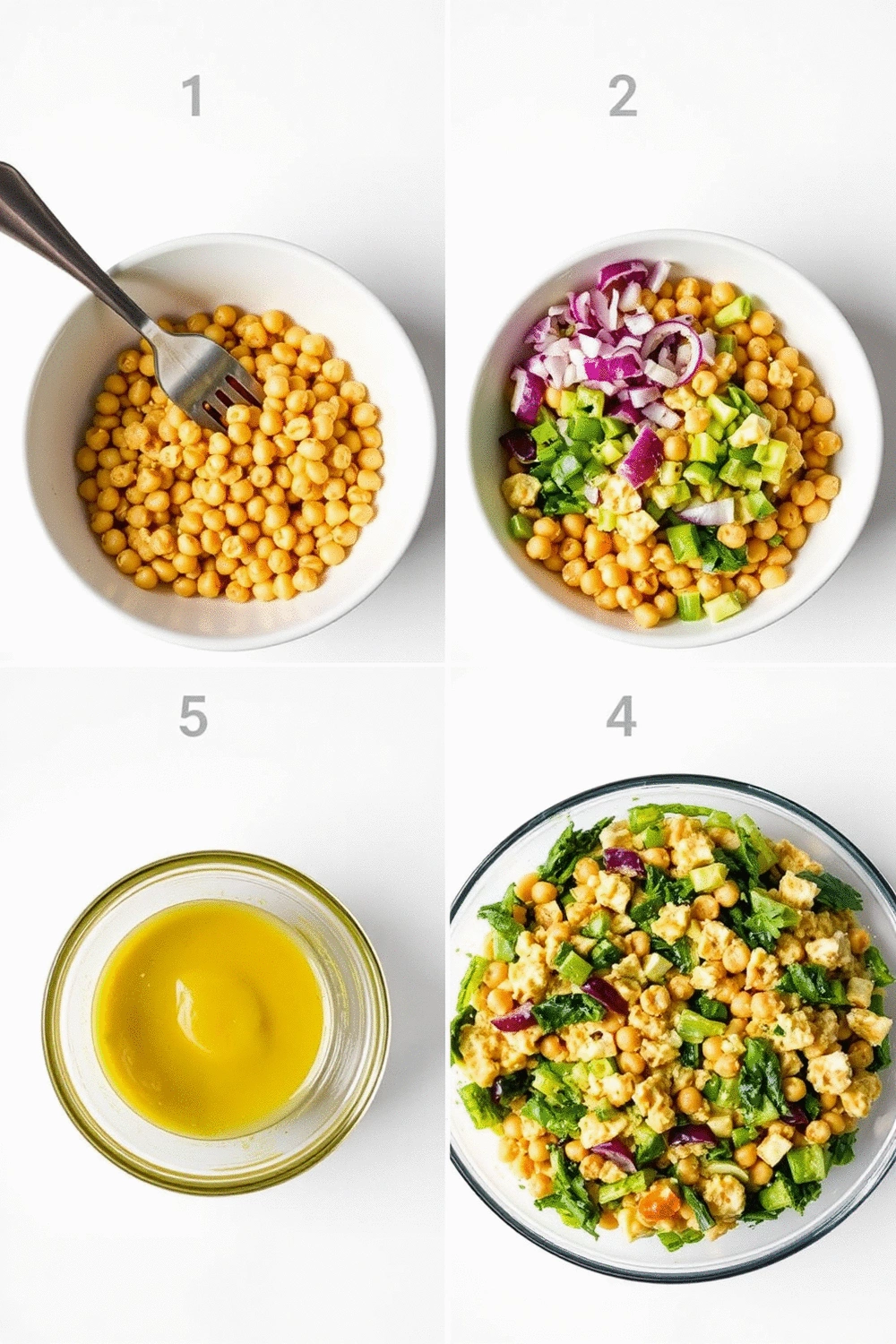 Collage of 4 sequential steps in making chickpea salad: 1) mashing chickpeas, 2) adding vegetables, 3) whisking dressing, 4) mixing all ingredients, consistent bright lighting, overhead view.