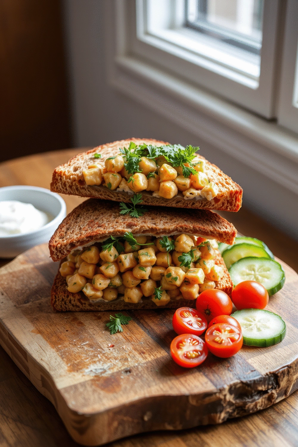 Two perfectly assembled chickpea salad sandwiches on whole wheat bread, cut in half and stacked, on a wooden board with a side of fresh cherry tomatoes and cucumber, bright natural light, styled for a healthy lunch.