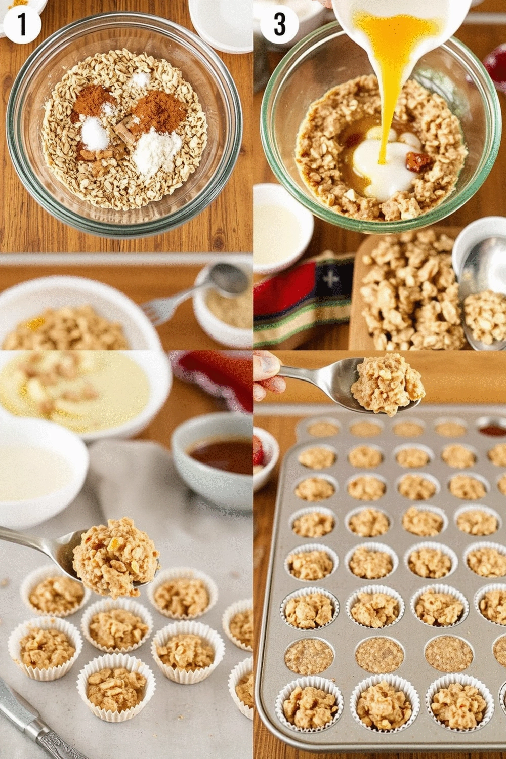 Collage of 4 images: 1. Dry ingredients in bowl. 2. Wet ingredients being poured into dry. 3. Batter being scooped into muffin tin. 4. Muffin tin ready for oven. Consistent natural lighting, overhead and 45-degree angles, shallow depth of field, cozy kitchen setting.