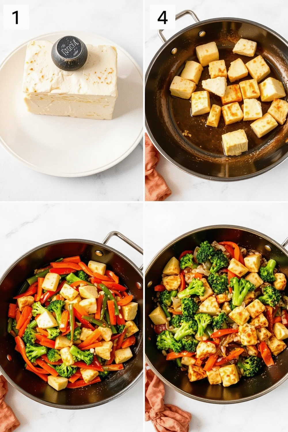 A four-panel collage showing the cooking process: (1) tofu pressing, (2) tofu browning in a pan, (3) vegetables being added to a wok, (4) cauliflower rice mixed with sauce and vegetables. Each panel is cleanly composed, well-lit, and shows clear progression.