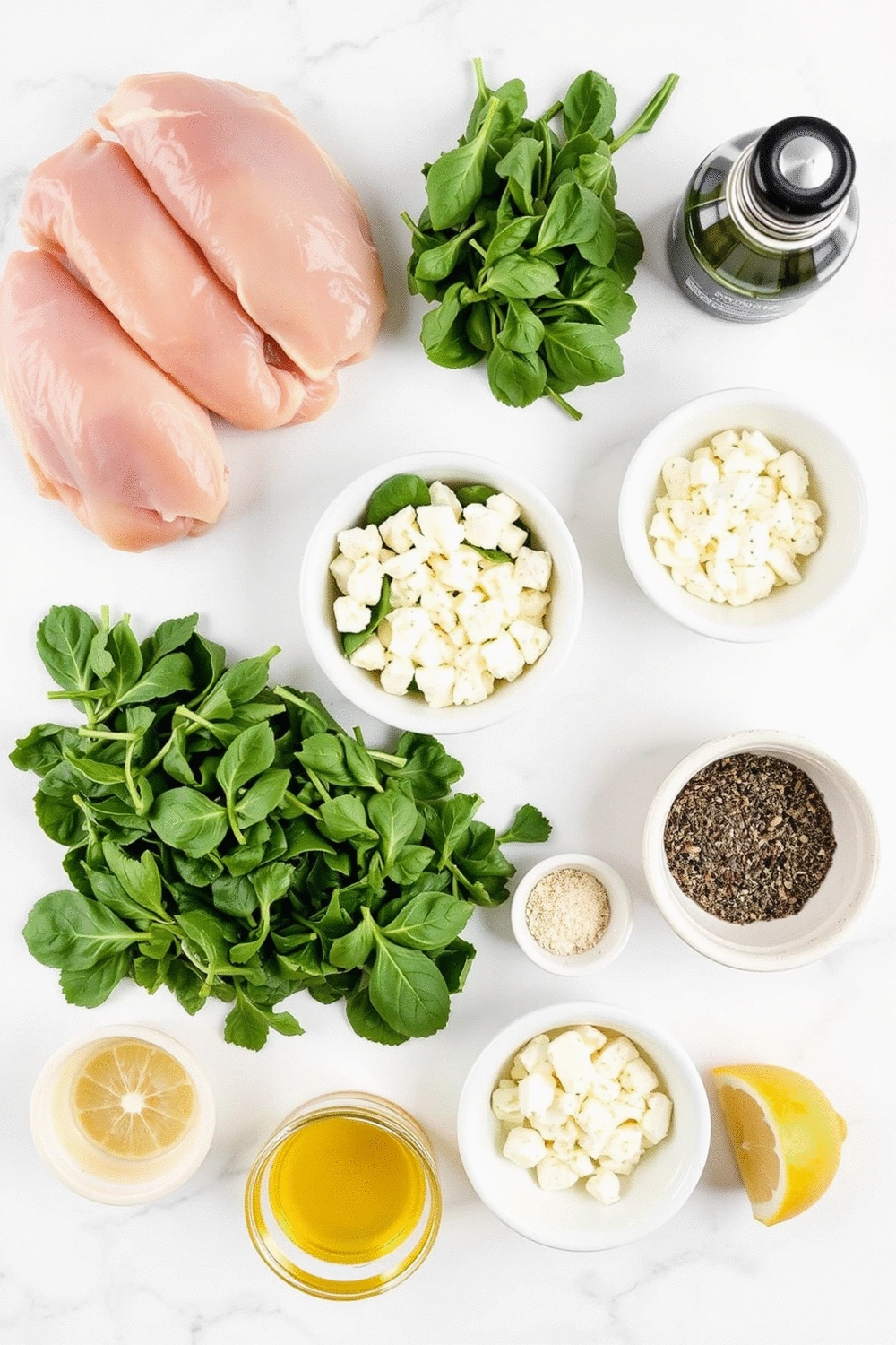 Ingredients for spinach and feta stuffed chicken breast neatly arranged on a white marble countertop: boneless skinless chicken breasts, fresh spinach, crumbled feta cheese, minced garlic, olive oil, dried oregano, salt, black pepper, and a lemon wedge. Overhead flat lay, bright natural light.