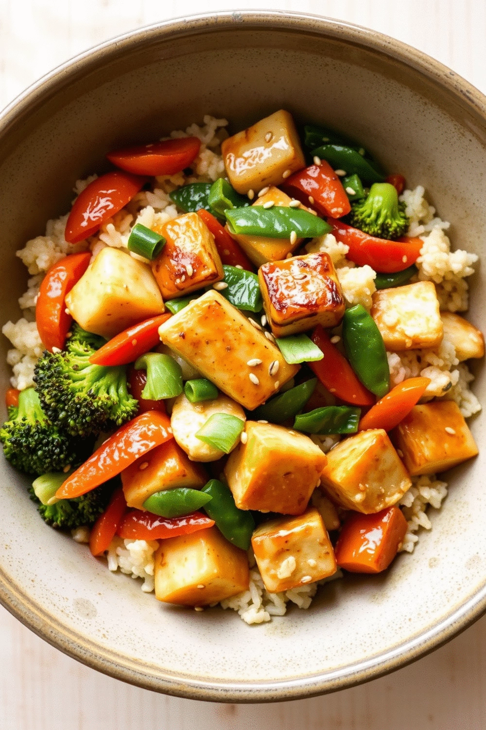 Vibrant cauliflower rice stir-fry with perfectly seared tofu, colorful vegetables, and a glossy sauce, garnished with green onions and sesame seeds, presented in a ceramic bowl on a light wooden table, natural overhead lighting, professional food photography style.