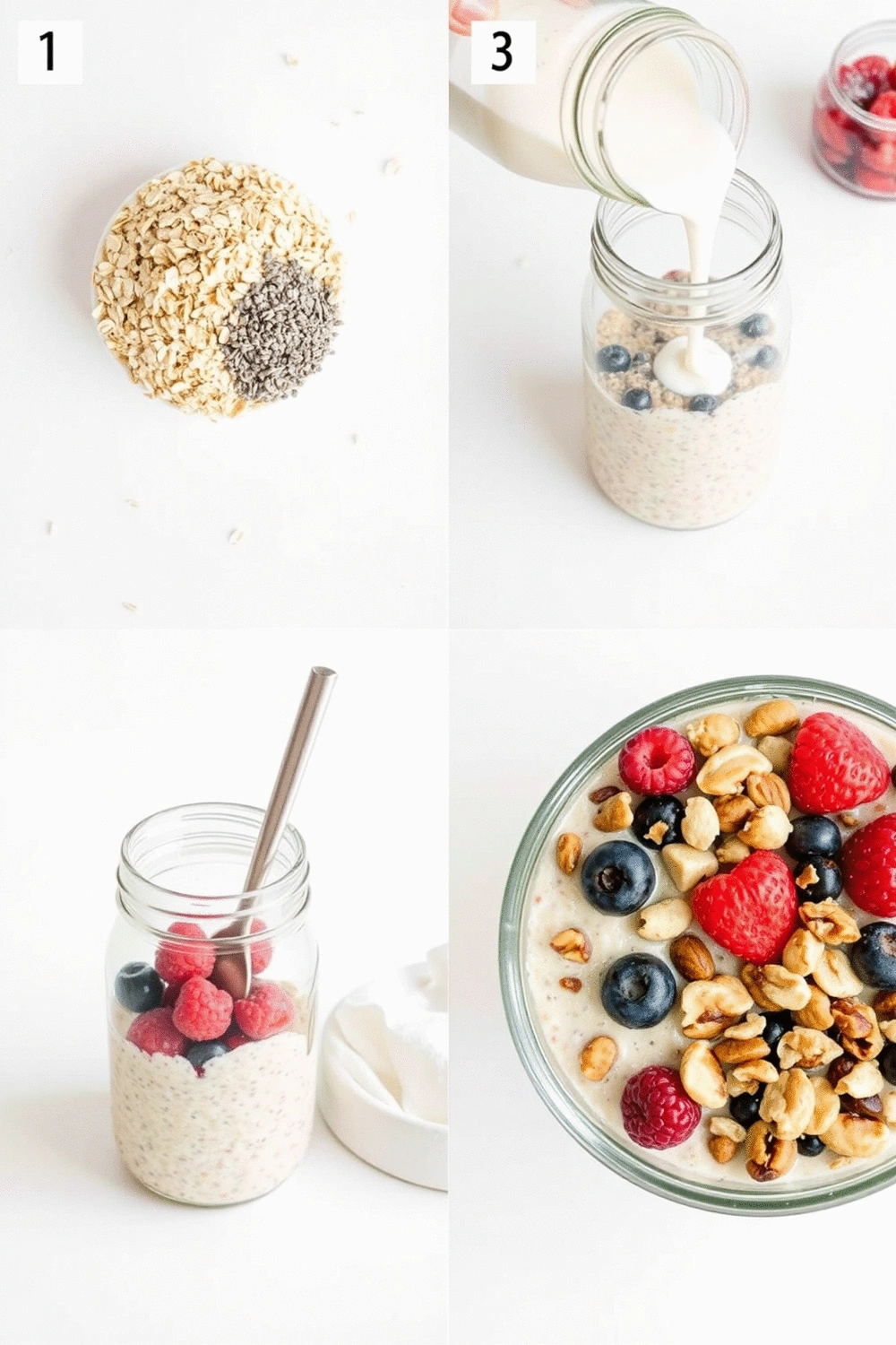 Four panel collage showing the steps for making overnight oats: combining ingredients, stirring, adding berries, and topping with nuts.
