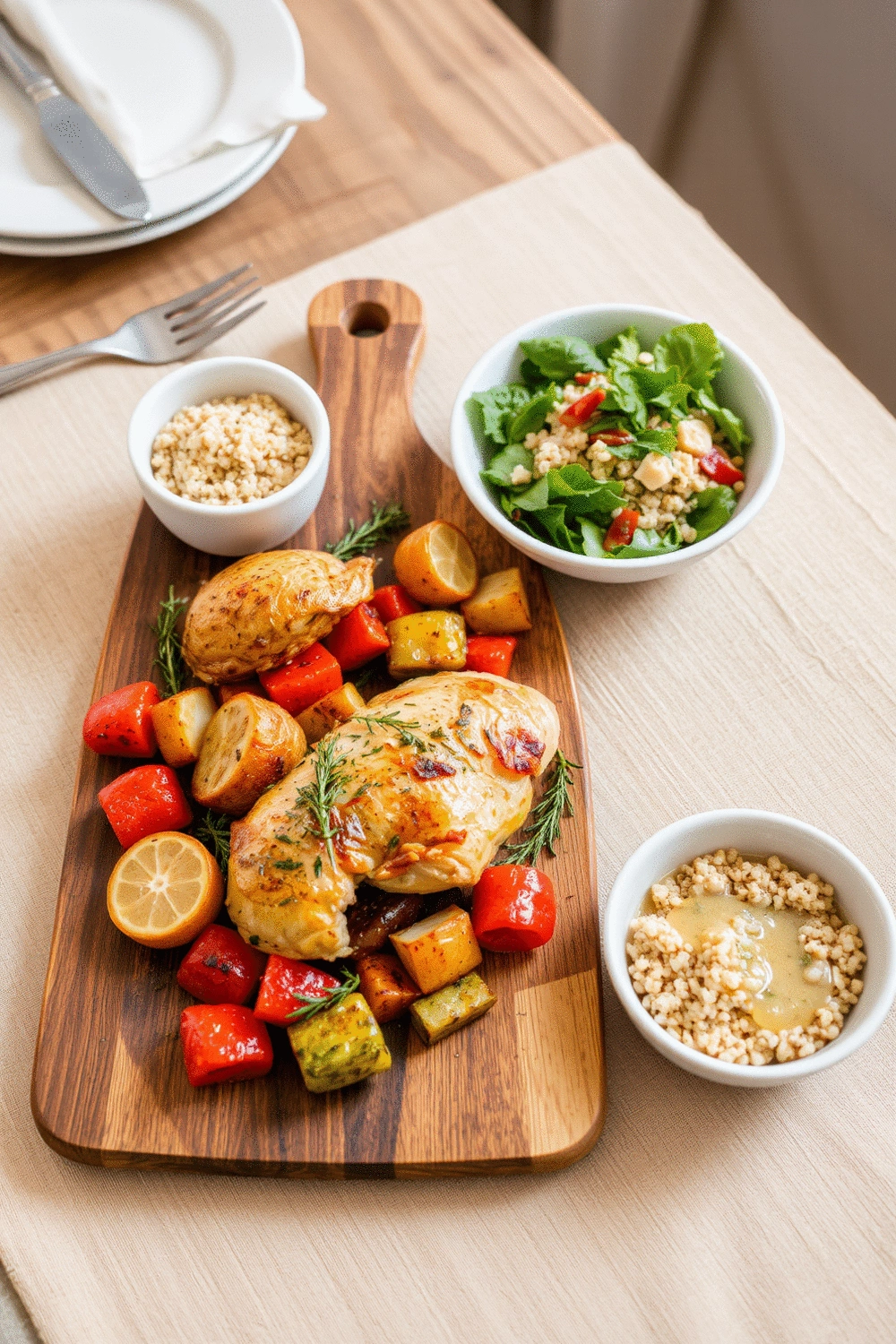 A beautifully arranged serving of Lemon Herb Chicken and Veggies on a rustic wooden board, accompanied by a small bowl of fluffy quinoa and a fresh green side salad. The ensemble is set on a light table with warm, soft natural lighting, creating an inviting and complete meal presentation.