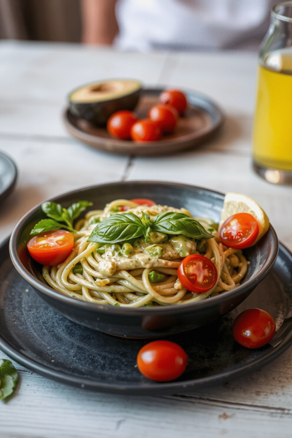 A beautifully plated bowl of creamy avocado pasta, garnished with fresh basil, cherry tomatoes, and a lemon wedge, set on a dark ceramic plate on a light wooden table with a soft, diffused light, indicating a cozy dinner setting.