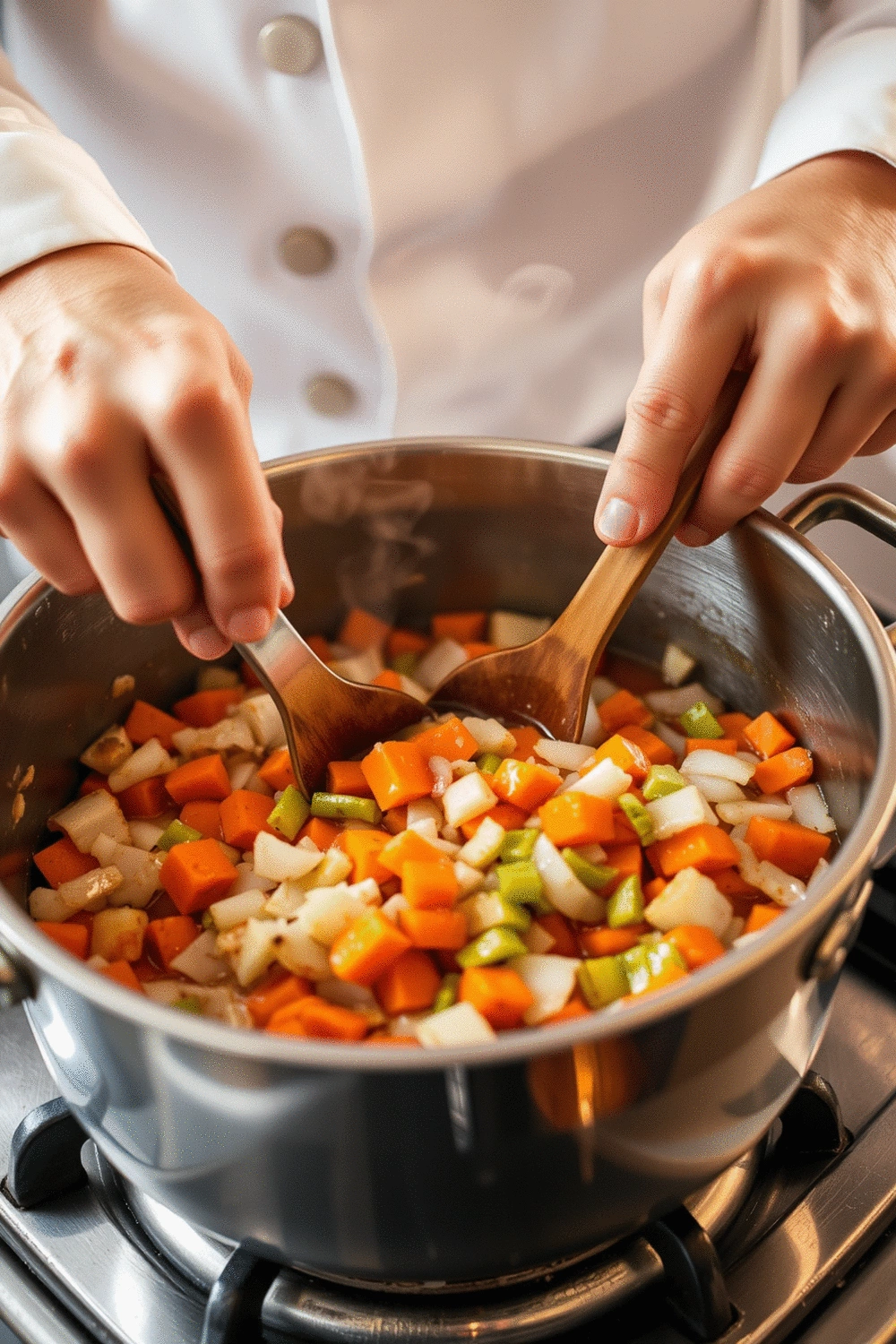 Chef's hands stirring vegetables in a large pot on a stovetop