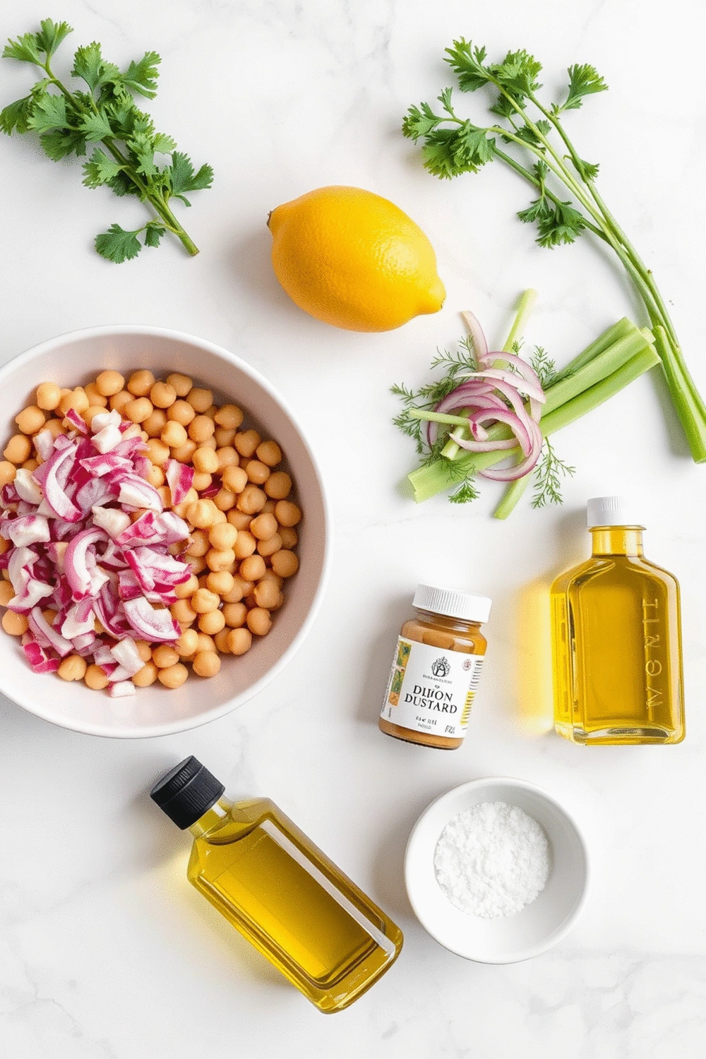 Ingredients for chickpea salad laid out on a light marble surface: canned chickpeas, red onion, celery, fresh dill, lemon, Dijon mustard, olive oil, salt, and pepper, arranged artfully in a flat lay.