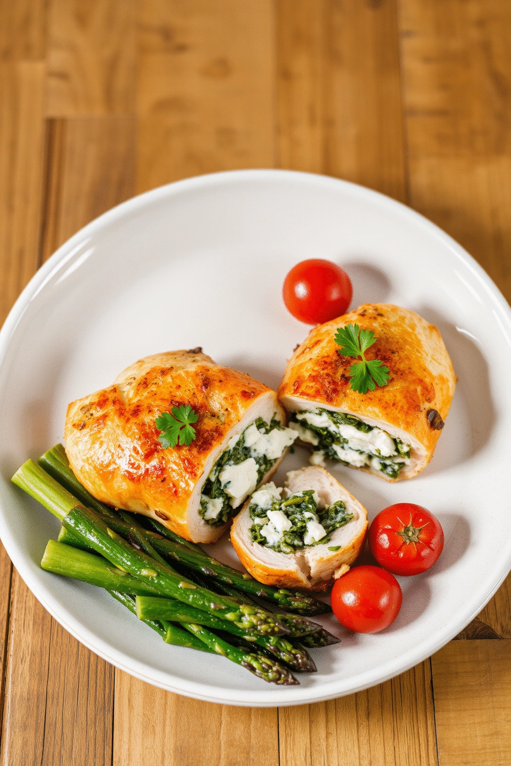Beautifully plated spinach and feta stuffed chicken breast, golden brown, sliced to show creamy green filling, garnished with fresh parsley on a light ceramic plate with a side of roasted asparagus, natural warm lighting, 45-degree angle, professional food photography.