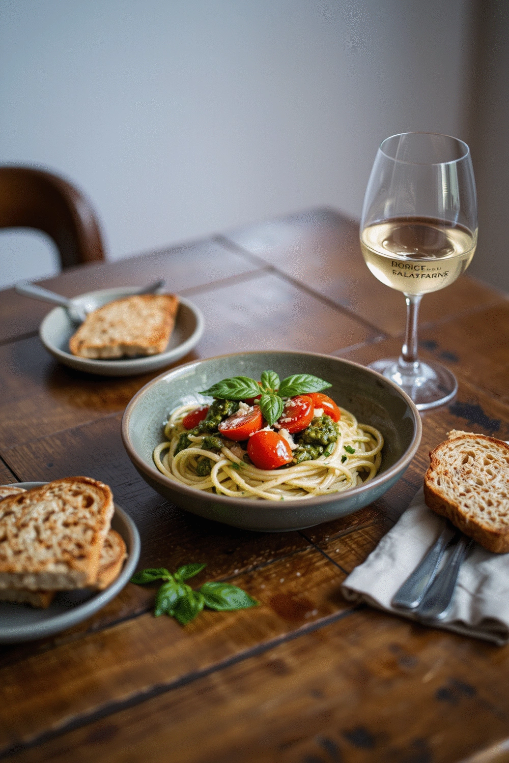 A freshly plated bowl of zucchini noodles with pesto and cherry tomatoes, garnished with basil, placed on a rustic wooden table with a side of toasted bread and a glass of white wine, soft, ambient lighting.