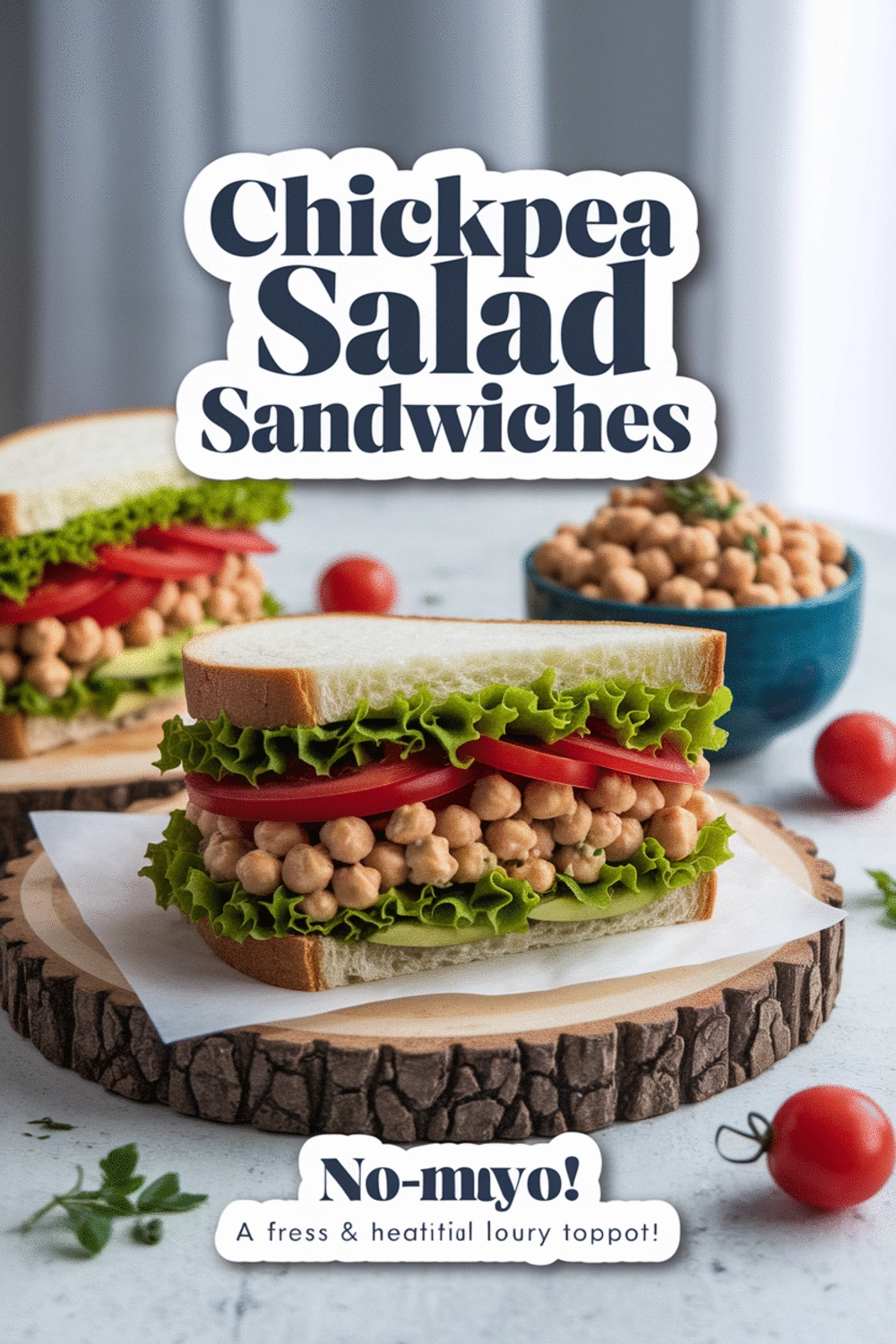 A beautifully plated chickpea salad sandwich on whole wheat bread, garnished with fresh dill and microgreens, with a side of crisp cucumber slices, natural lighting, 45-degree angle.