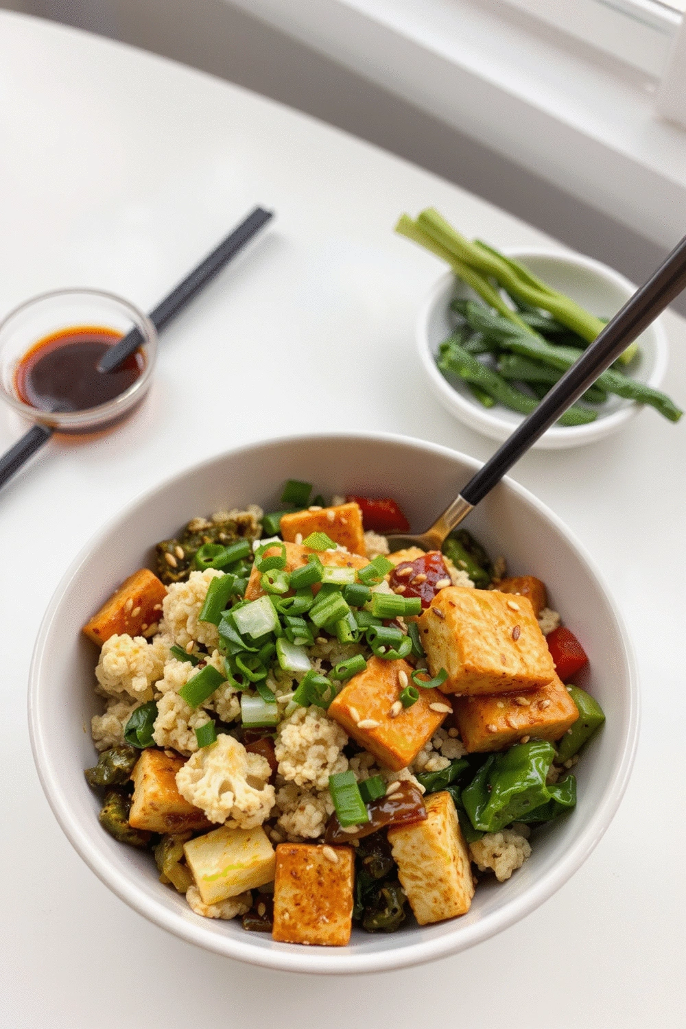 A beautifully plated cauliflower rice stir-fry with tofu, garnished with fresh green onions and sesame seeds, presented in a modern white bowl next to a small side of chili garlic sauce and chopsticks on a minimalist table setting, natural window light.