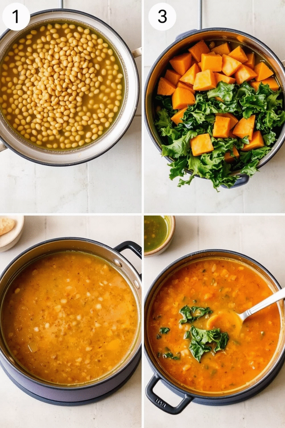Collage of soup preparation steps: simmering lentils, adding sweet potatoes, stirring in kale