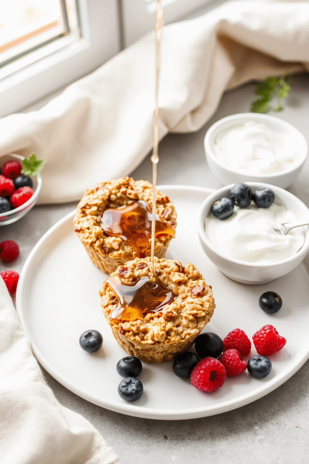 Two baked apple cinnamon oatmeal cups on a white plate with a side of Greek yogurt and fresh berries, a drizzle of maple syrup, cozy morning setting, bright and clean food photography.