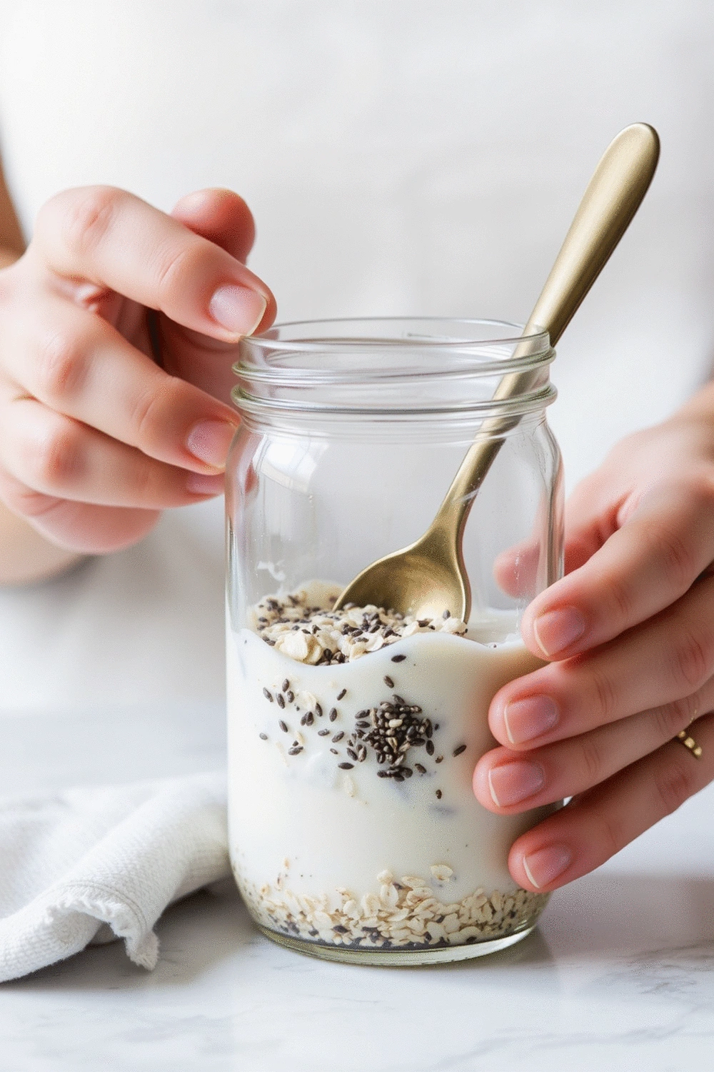 A person's hands mixing ingredients for overnight oats in a glass jar with a spoon, showing the preparation process.