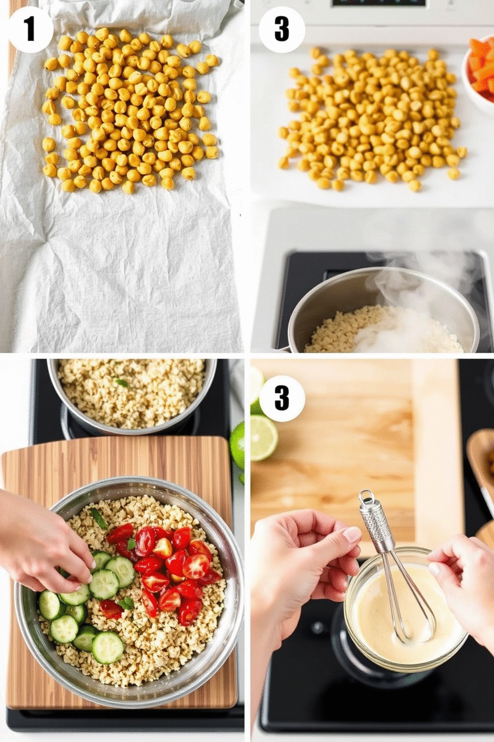 Collage of four sequential cooking steps for Mediterranean Quinoa Bowls: chickpeas roasting, quinoa simmering, vegetables being chopped, and tahini dressing being whisked, all in natural light.