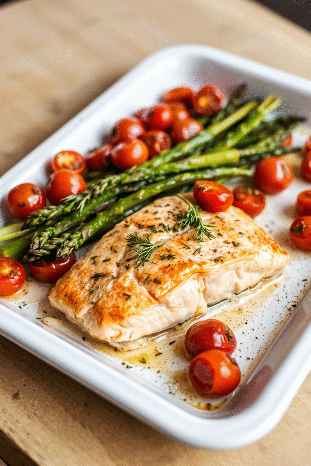 Glorious sheet pan salmon with roasted asparagus and cherry tomatoes, perfectly cooked and garnished with fresh dill, presented on a rustic white serving platter, natural warm lighting, 45-degree angle, professional food photography style.