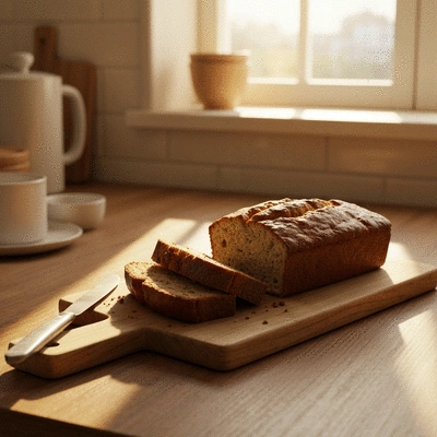 Sliced banana bread on a wooden cutting board with a knife