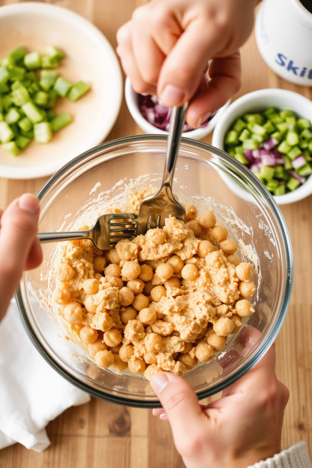 Hands mashing chickpeas in a glass bowl with a fork, showing the texture of the mashed chickpeas, with other ingredients like diced celery and red onion in the background, warm kitchen lighting.