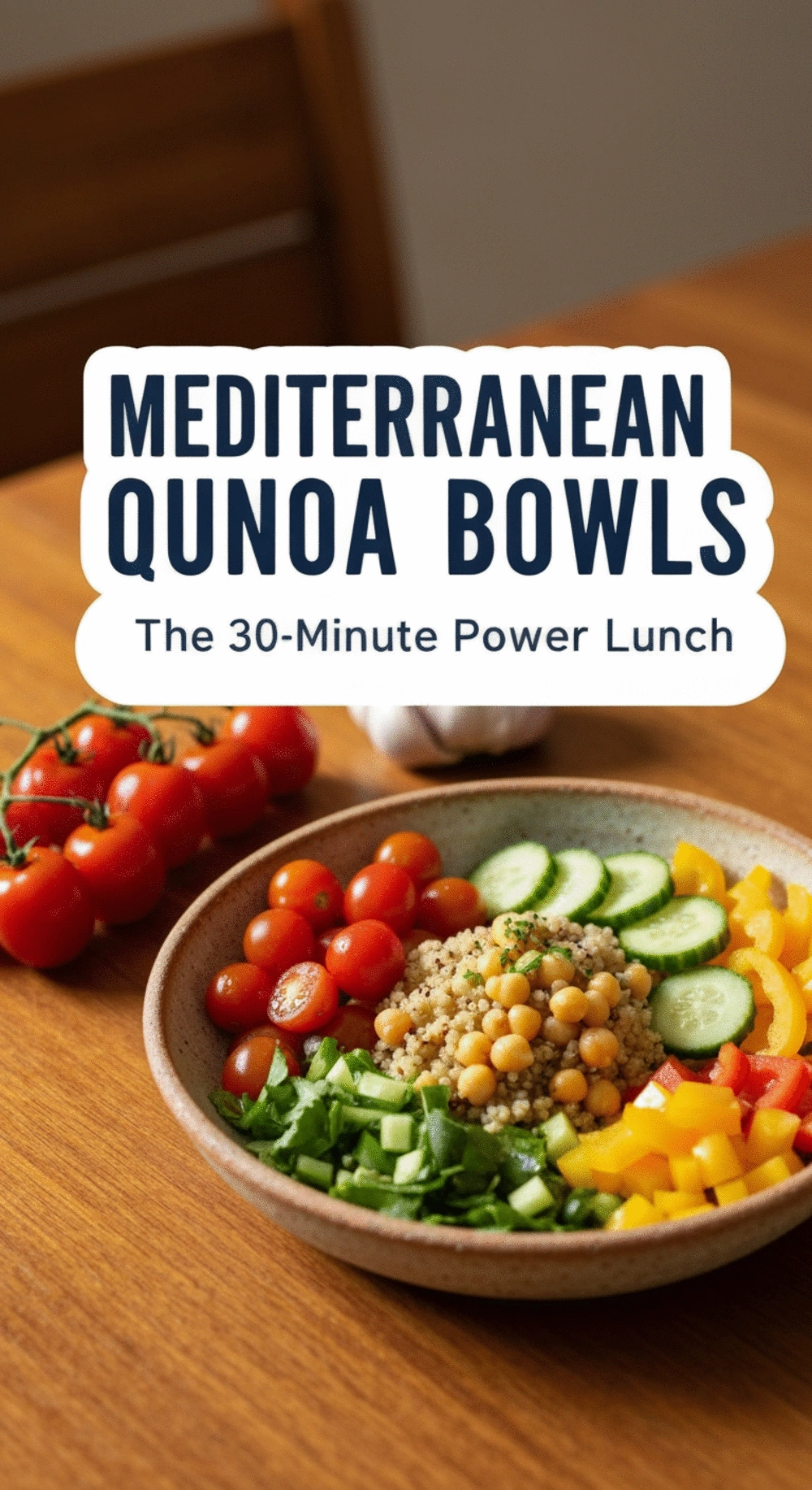 Vibrant Mediterranean Quinoa Bowl with roasted chickpeas, colorful vegetables, and creamy dressing, presented beautifully on a wooden table.