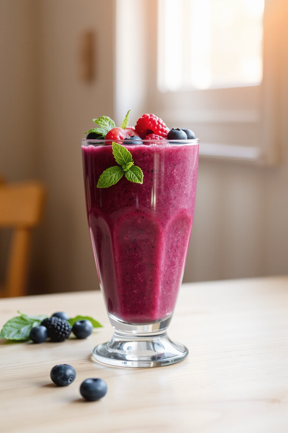 Vibrant purple Berry and Spinach Smoothie in a glass, garnished with fresh berries and a mint leaf, on a light wooden background with bright, natural lighting.