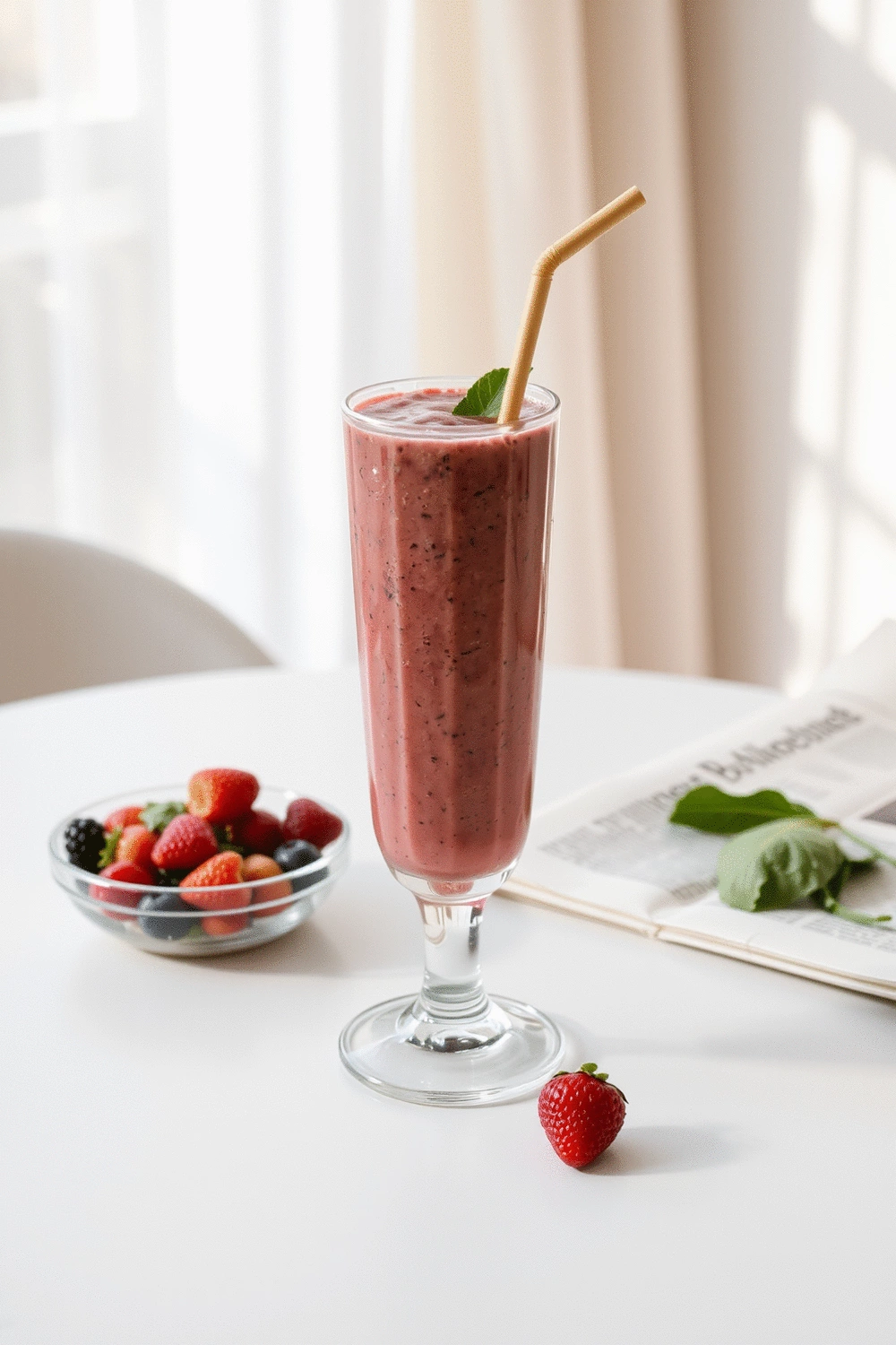 A Berry and Spinach Smoothie in a tall glass with a straw, placed on a breakfast table with a small bowl of fresh berries and a newspaper, bright morning light.