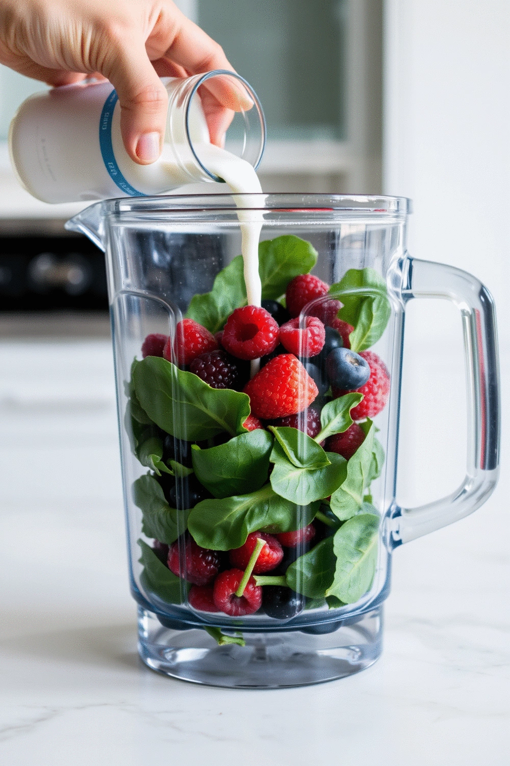 A hand pouring unsweetened almond milk into a blender jug already containing spinach and mixed berries, on a clean kitchen counter.