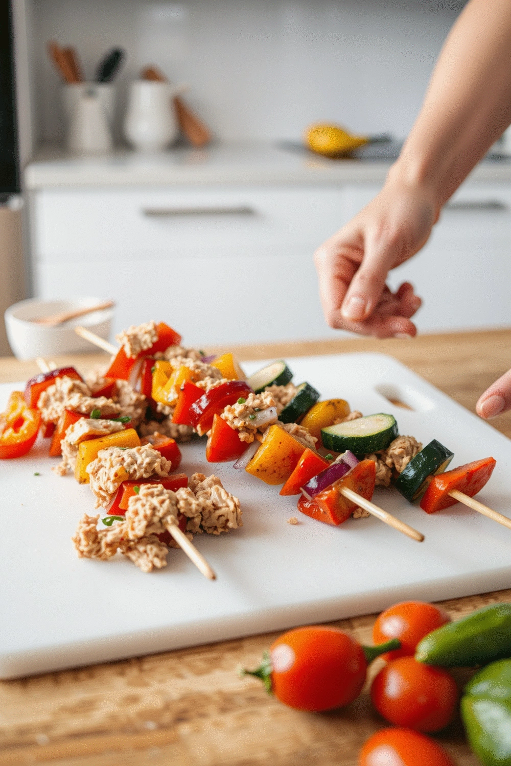 Hands assembling turkey and vegetable skewers on a white cutting board. Cubed turkey and chopped colorful bell peppers, red onion, and zucchini are visible. The background shows a clean kitchen counter. Bright, even lighting.