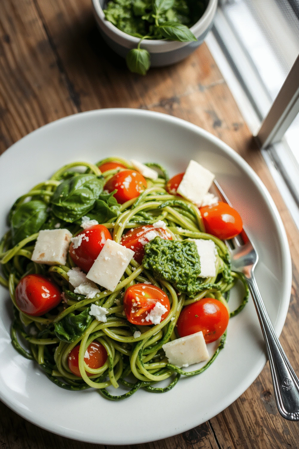 A beautifully plated dish of vibrant green zucchini noodles tossed with bright red cherry tomatoes and dollops of green pesto, garnished with fresh basil leaves, on a light ceramic plate with a fork, natural overhead lighting, shallow depth of field.